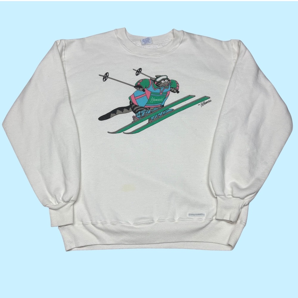 Vintage Crazy Shirts Hawaii B Kliban Cat Skiing Sweatshirt White XL Mens